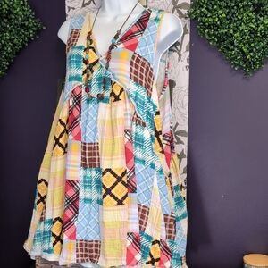 Ces Femme Patchwork Plaid Soft Sleeveless Swing dress